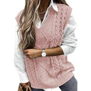 imageEVALESS Oversized Sweater Vest for Women V Neck Sleeveless Solid Color Loose Pullover SweaterA Pink