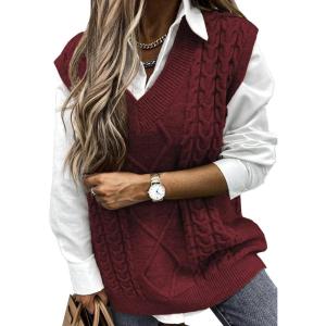 imageEVALESS Oversized Sweater Vest for Women V Neck Sleeveless Solid Color Loose Pullover SweaterA Red