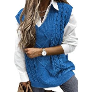 imageEVALESS Oversized Sweater Vest for Women V Neck Sleeveless Solid Color Loose Pullover SweaterB Dark Sky Blue