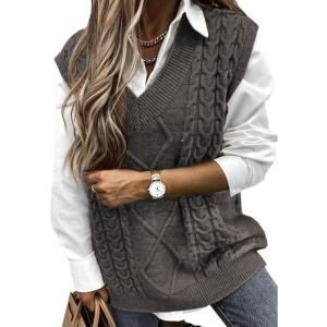 imageEVALESS Oversized Sweater Vest for Women V Neck Sleeveless Solid Color Loose Pullover SweaterB Gray