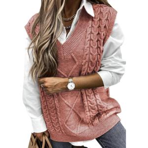 imageEVALESS Oversized Sweater Vest for Women V Neck Sleeveless Solid Color Loose Pullover SweaterB Red