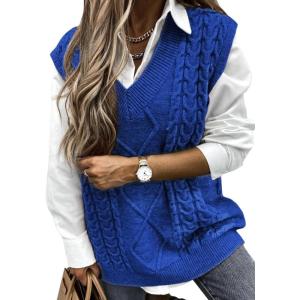 imageEVALESS Oversized Sweater Vest for Women V Neck Sleeveless Solid Color Loose Pullover SweaterC1 Blue