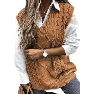 imageEVALESS Oversized Sweater Vest for Women V Neck Sleeveless Solid Color Loose Pullover SweaterC1 Brown