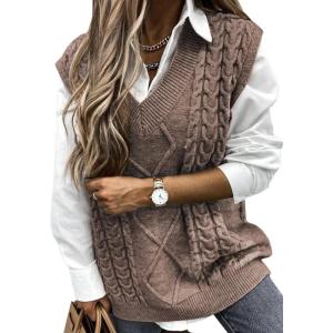 imageEVALESS Oversized Sweater Vest for Women V Neck Sleeveless Solid Color Loose Pullover SweaterC1 Khaki
