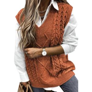 imageEVALESS Oversized Sweater Vest for Women V Neck Sleeveless Solid Color Loose Pullover SweaterC1 Orange