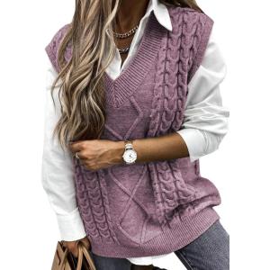 imageEVALESS Oversized Sweater Vest for Women V Neck Sleeveless Solid Color Loose Pullover SweaterC1 Purple
