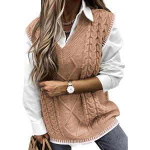 imageEVALESS Oversized Sweater Vest for Women V Neck Sleeveless Solid Color Loose Pullover SweaterC6 Khaki