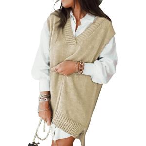 imageEVALESS Oversized Sweater Vest for Women V Neck Sleeveless Solid Color Loose Pullover SweaterD Apricot
