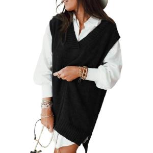 imageEVALESS Oversized Sweater Vest for Women V Neck Sleeveless Solid Color Loose Pullover SweaterD Black
