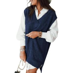 imageEVALESS Oversized Sweater Vest for Women V Neck Sleeveless Solid Color Loose Pullover SweaterD Blue
