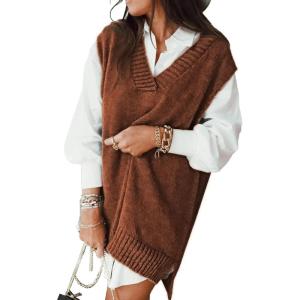 imageEVALESS Oversized Sweater Vest for Women V Neck Sleeveless Solid Color Loose Pullover SweaterD Brown