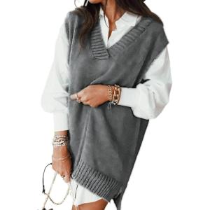 imageEVALESS Oversized Sweater Vest for Women V Neck Sleeveless Solid Color Loose Pullover SweaterD Gray