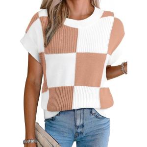 imageEVALESS Short Sleeve Sweater for Women Crewneck Color Block Knit Tops 2025 Fall Trendy Cap Sleeve Sweater VestApricot Pink