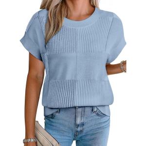 imageEVALESS Short Sleeve Sweater for Women Crewneck Color Block Knit Tops 2025 Fall Trendy Cap Sleeve Sweater VestSky Blue