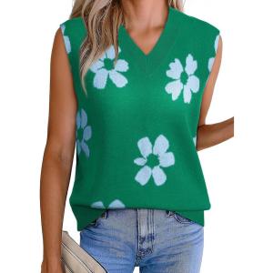 imageEVALESS Sweater Vest Women V Neck Cap Sleeve Knit Sweaters Summer Fall Floral Print Sweater Vest Tops Pullover SweatersGreen
