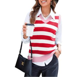 imageEVALESS Sweater Vest Women V Neck Knit Sleeveless Tunic Tank Tops Casual Pullover Sweater Fall Trendy 2025 Outfits03 Red Stripe