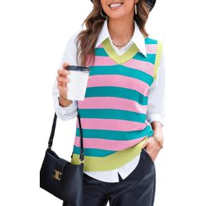 imageEVALESS Sweater Vest Women V Neck Knit Sleeveless Tunic Tank Tops Casual Pullover Sweater Fall Trendy 2025 OutfitsRose Stripe