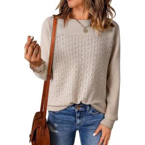 imageEVALESS Sweaters for Women Trendy 2025 Crewneck Long Sleeve Lightweight Knit Pullover Tops Fall Fashion OutfitsBeige