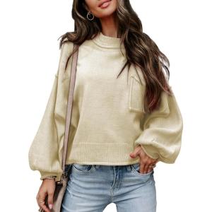 imageEVALESS Womens 2024 Lantern Long Sleeve Crewneck Sweater Casual Solid Color Ribbed Hem Knitwear Pullover Cropped TopsBeige