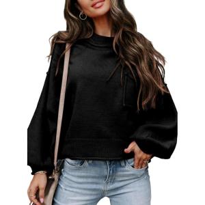 imageEVALESS Womens 2024 Lantern Long Sleeve Crewneck Sweater Casual Solid Color Ribbed Hem Knitwear Pullover Cropped TopsBlack
