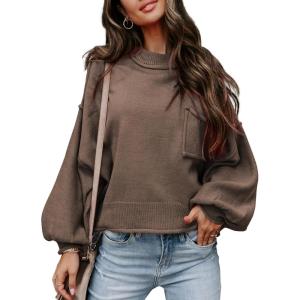 imageEVALESS Womens 2024 Lantern Long Sleeve Crewneck Sweater Casual Solid Color Ribbed Hem Knitwear Pullover Cropped TopsDark Brown