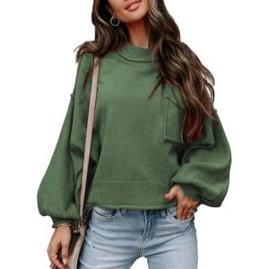 imageEVALESS Womens 2024 Lantern Long Sleeve Crewneck Sweater Casual Solid Color Ribbed Hem Knitwear Pullover Cropped TopsGreen