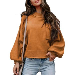 imageEVALESS Womens 2024 Lantern Long Sleeve Crewneck Sweater Casual Solid Color Ribbed Hem Knitwear Pullover Cropped TopsOrange