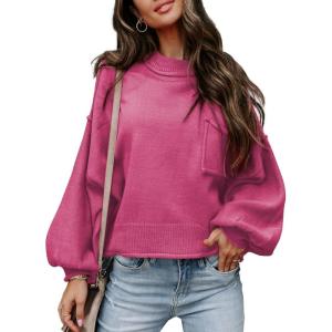 imageEVALESS Womens 2024 Lantern Long Sleeve Crewneck Sweater Casual Solid Color Ribbed Hem Knitwear Pullover Cropped TopsRose