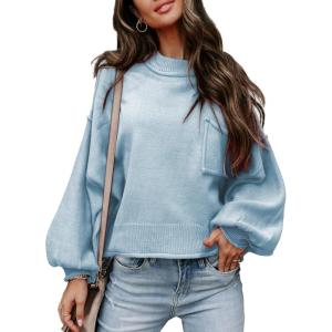 imageEVALESS Womens 2024 Lantern Long Sleeve Crewneck Sweater Casual Solid Color Ribbed Hem Knitwear Pullover Cropped TopsSky Blue