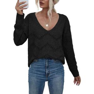 imageEVALESS Womens Crochet Sweater Top Hollow Out Long Sleeve Pullover Tops Fall Outfits Fashion 2025Black