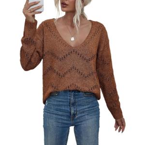 imageEVALESS Womens Crochet Sweater Top Hollow Out Long Sleeve Pullover Tops Fall Outfits Fashion 2025Brown