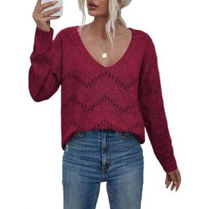 imageEVALESS Womens Crochet Sweater Top Hollow Out Long Sleeve Pullover Tops Fall Outfits Fashion 2025Burgundy