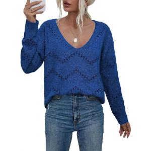 imageEVALESS Womens Crochet Sweater Top Hollow Out Long Sleeve Pullover Tops Fall Outfits Fashion 2025Dark Blue