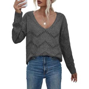 imageEVALESS Womens Crochet Sweater Top Hollow Out Long Sleeve Pullover Tops Fall Outfits Fashion 2025Dark Grey