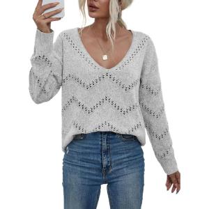 imageEVALESS Womens Crochet Sweater Top Hollow Out Long Sleeve Pullover Tops Fall Outfits Fashion 2025Gray