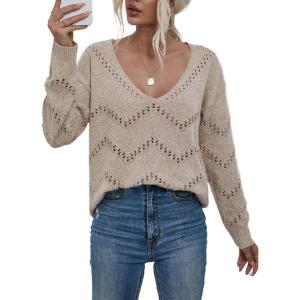 imageEVALESS Womens Crochet Sweater Top Hollow Out Long Sleeve Pullover Tops Fall Outfits Fashion 2025Khaki