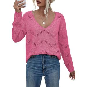 imageEVALESS Womens Crochet Sweater Top Hollow Out Long Sleeve Pullover Tops Fall Outfits Fashion 2025Rose Red