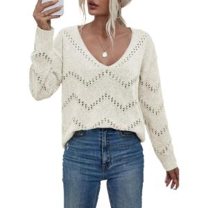 imageEVALESS Womens Crochet Sweater Top Hollow Out Long Sleeve Pullover Tops Fall Outfits Fashion 2025White