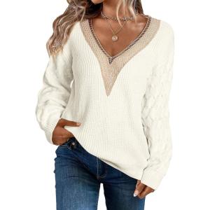 imageEVALESS Womens Long Sleeve Sweaters Fall 2024 Trendy Sexy Lace V Neck Knit Drop Shoulder Pullover Sweater Jumper Tops1d White