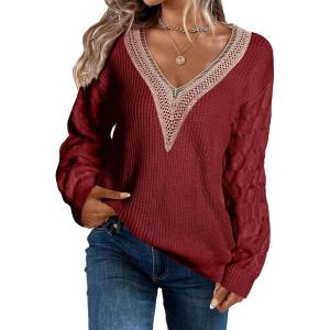imageEVALESS Womens Long Sleeve Sweaters Fall 2024 Trendy Sexy Lace V Neck Knit Drop Shoulder Pullover Sweater Jumper Tops3d Red