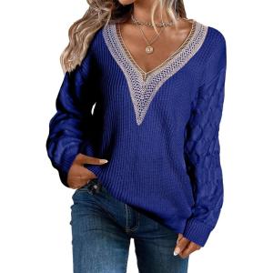 imageEVALESS Womens Long Sleeve Sweaters Fall 2024 Trendy Sexy Lace V Neck Knit Drop Shoulder Pullover Sweater Jumper TopsD Blue