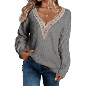 imageEVALESS Womens Long Sleeve Sweaters Fall 2024 Trendy Sexy Lace V Neck Knit Drop Shoulder Pullover Sweater Jumper TopsD Gray