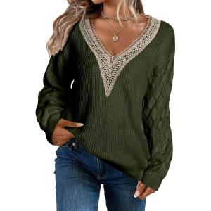 imageEVALESS Womens Long Sleeve Sweaters Fall 2024 Trendy Sexy Lace V Neck Knit Drop Shoulder Pullover Sweater Jumper TopsD Green