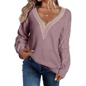 imageEVALESS Womens Long Sleeve Sweaters Fall 2024 Trendy Sexy Lace V Neck Knit Drop Shoulder Pullover Sweater Jumper TopsD Purple