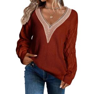 imageEVALESS Womens Long Sleeve Sweaters Fall 2024 Trendy Sexy Lace V Neck Knit Drop Shoulder Pullover Sweater Jumper TopsE Brown