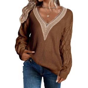 imageEVALESS Womens Long Sleeve Sweaters Fall 2024 Trendy Sexy Lace V Neck Knit Drop Shoulder Pullover Sweater Jumper TopsE Khaki