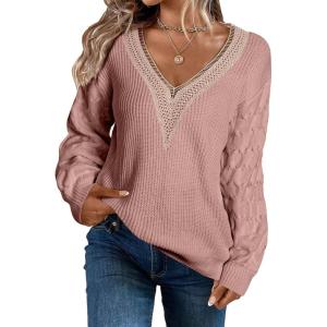 imageEVALESS Womens Long Sleeve Sweaters Fall 2024 Trendy Sexy Lace V Neck Knit Drop Shoulder Pullover Sweater Jumper TopsE Light Pink
