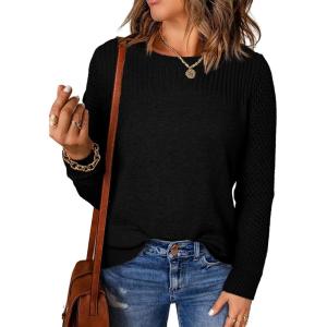 imageEVALESS Womens Sweaters Casual Long Sleeve Crewneck Cable Knit Lightweight Oversized Crochet Sweater Pullover TopsBlack