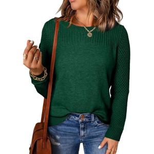 imageEVALESS Womens Sweaters Casual Long Sleeve Crewneck Cable Knit Lightweight Oversized Crochet Sweater Pullover TopsBlackish Green