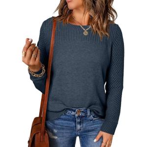 imageEVALESS Womens Sweaters Casual Long Sleeve Crewneck Cable Knit Lightweight Oversized Crochet Sweater Pullover TopsBlue